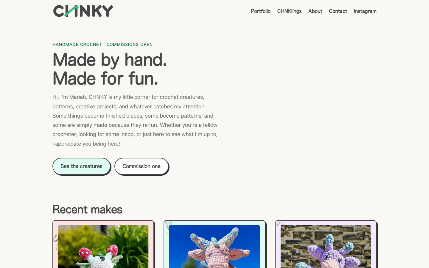 CHNKY homepage — handmade crochet creatures with commission CTAs