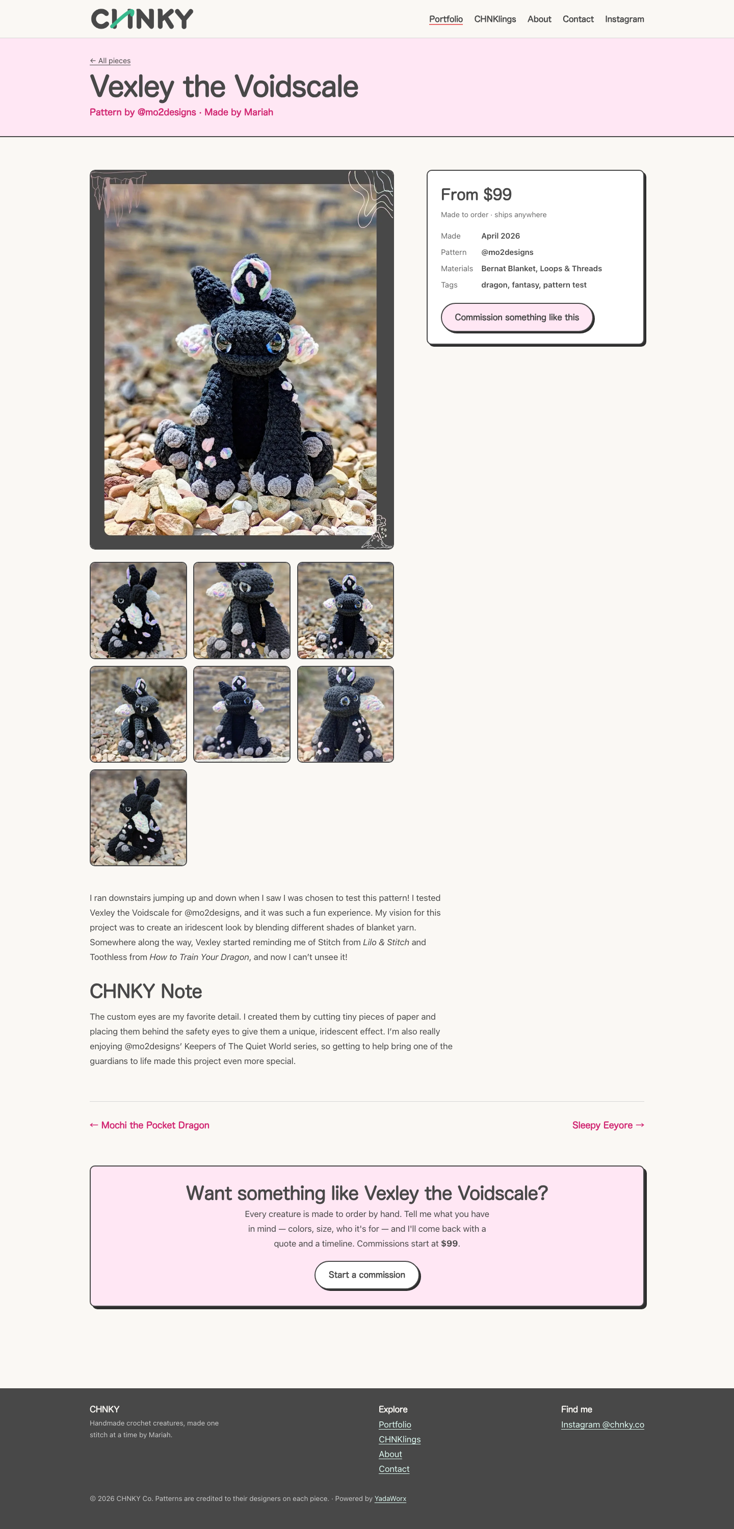 Vexley the Voidscale piece page with photo gallery, pattern credit, and commission CTA