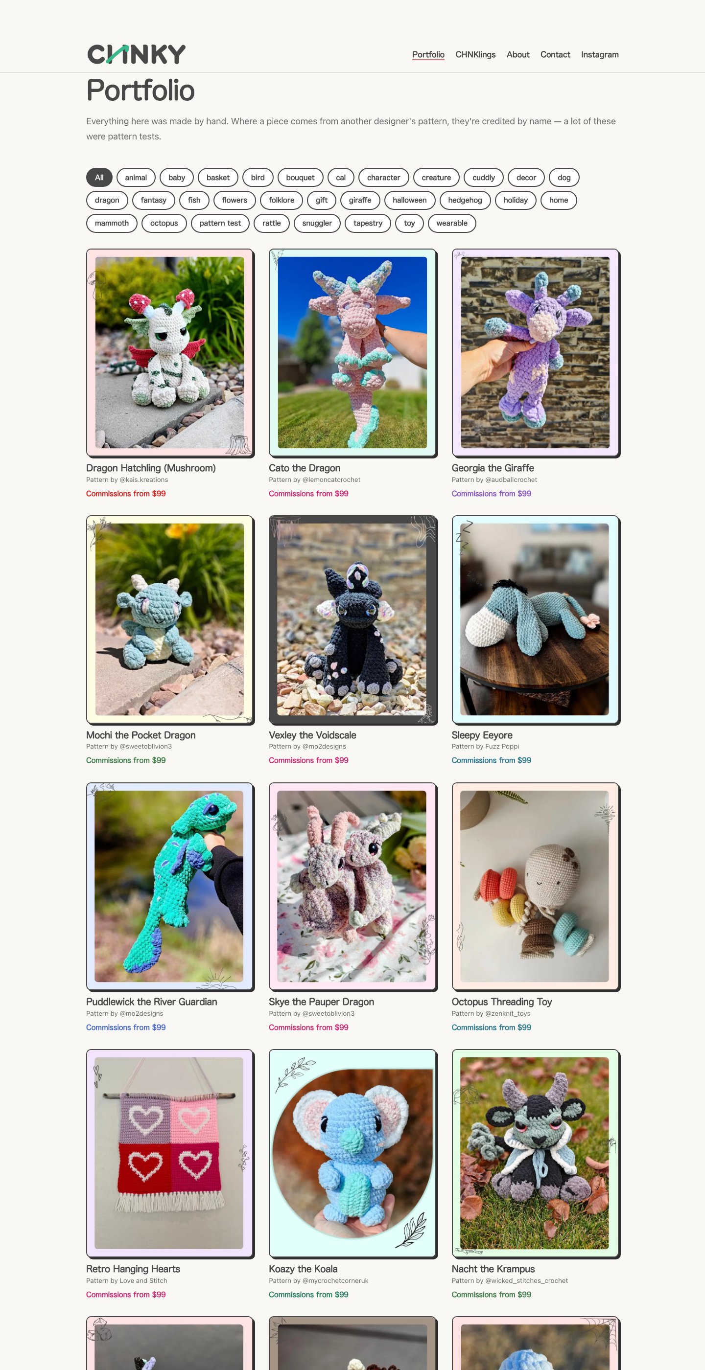 CHNKY portfolio grid with tag filters and crocheted dragons, koala, phoenix and more