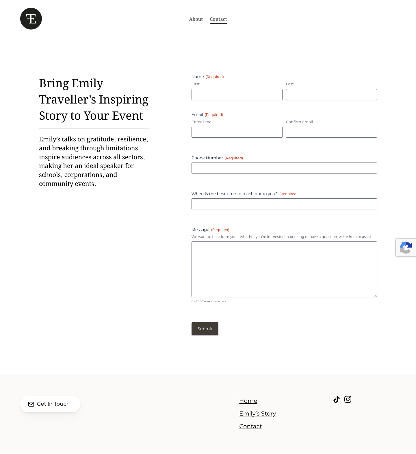 Emily Traveller contact and booking page