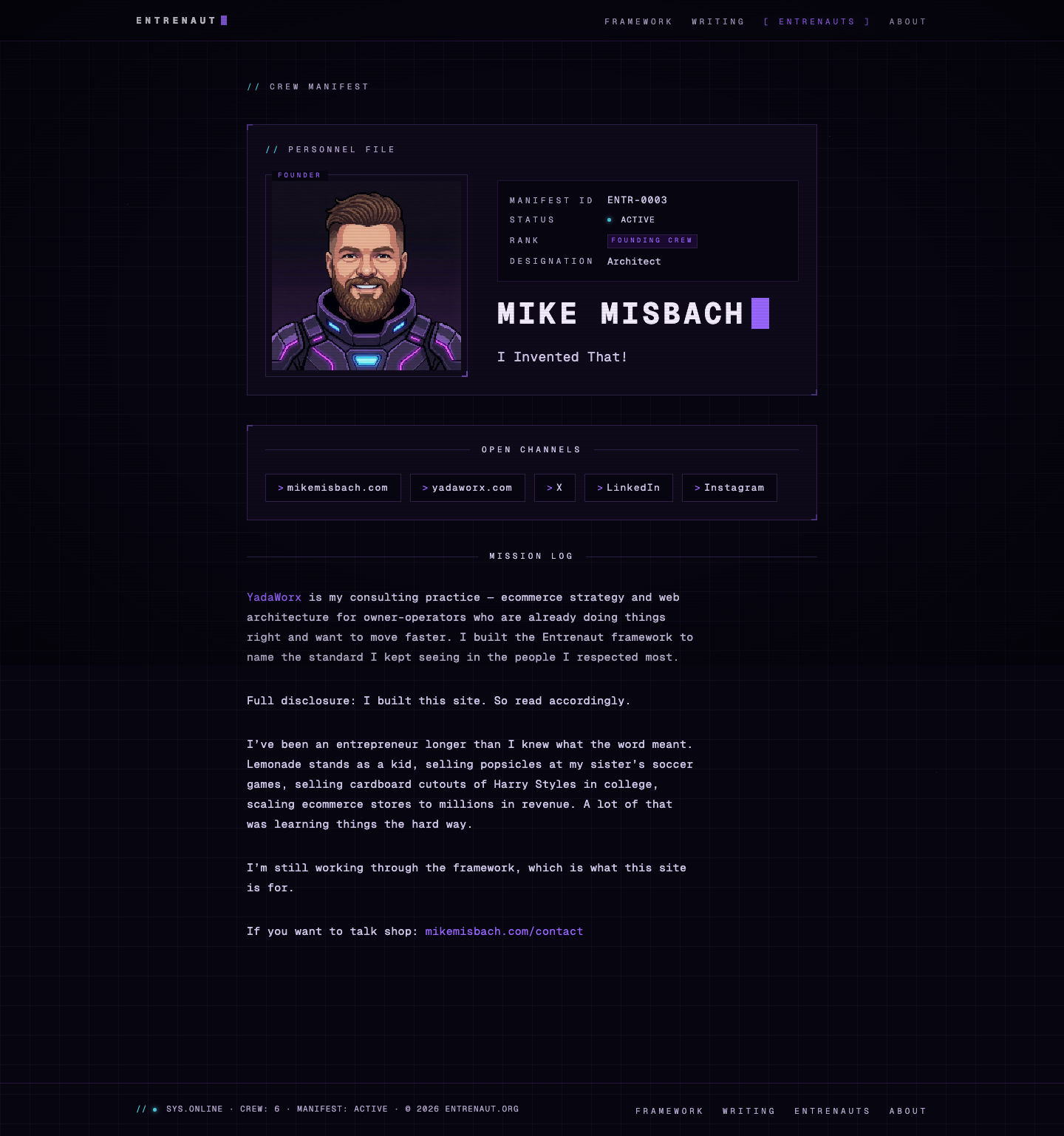 Crew profile page for Mike Misbach