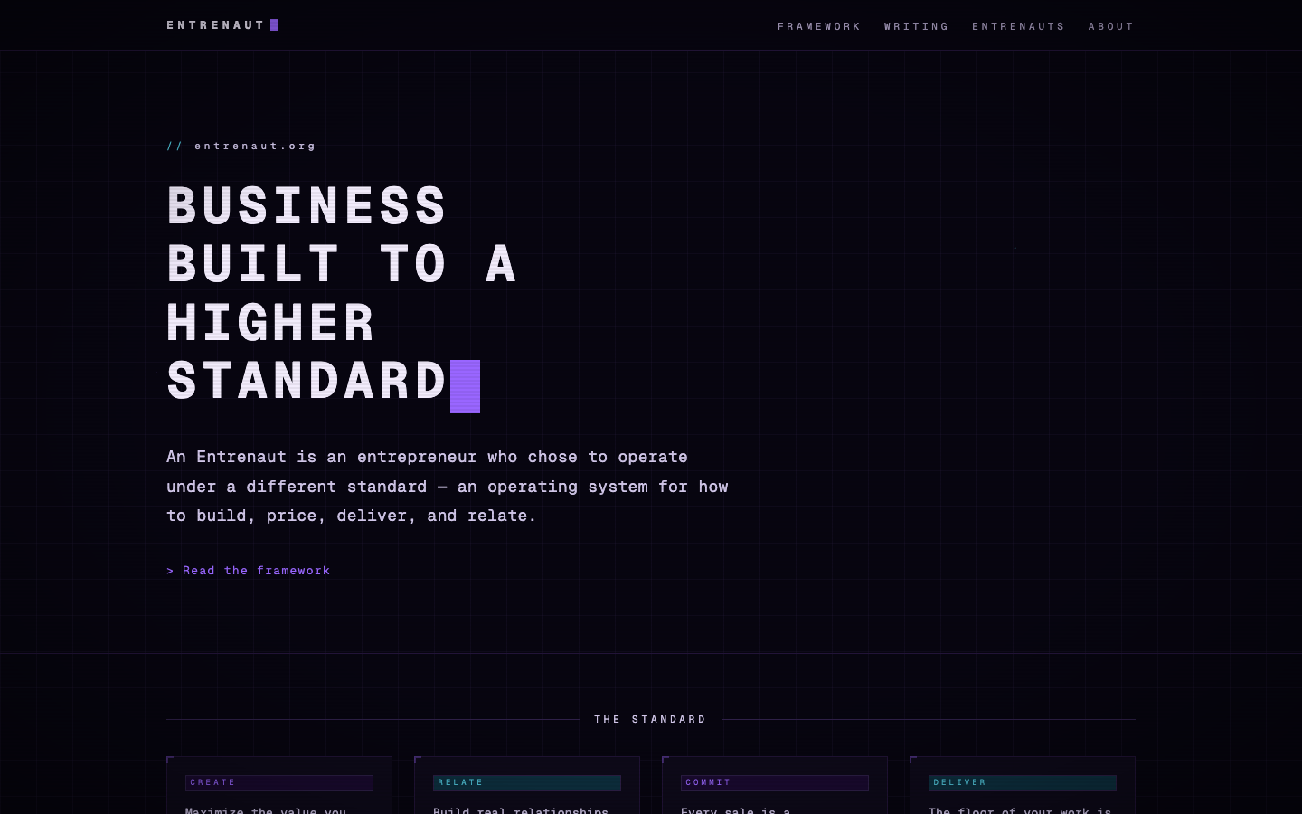 Entrenaut homepage — framework hub and crew manifest