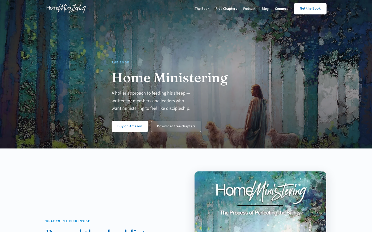 Home Ministering book page with cover, Amazon, and free chapters