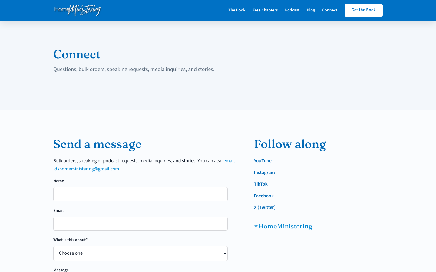 Home Ministering connect page with message form and social links