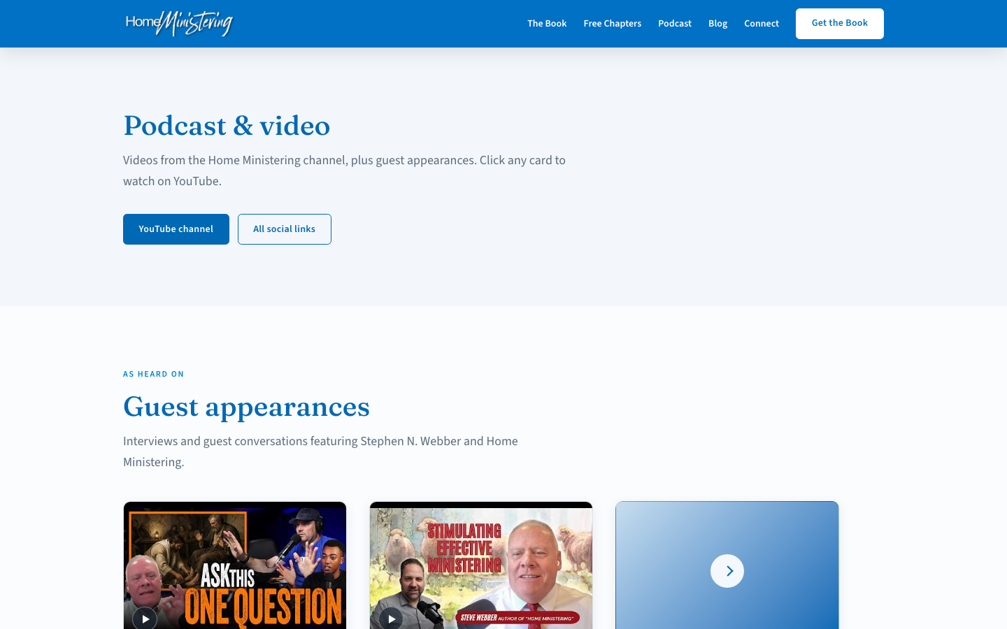 Home Ministering podcast and video page with guest appearance cards