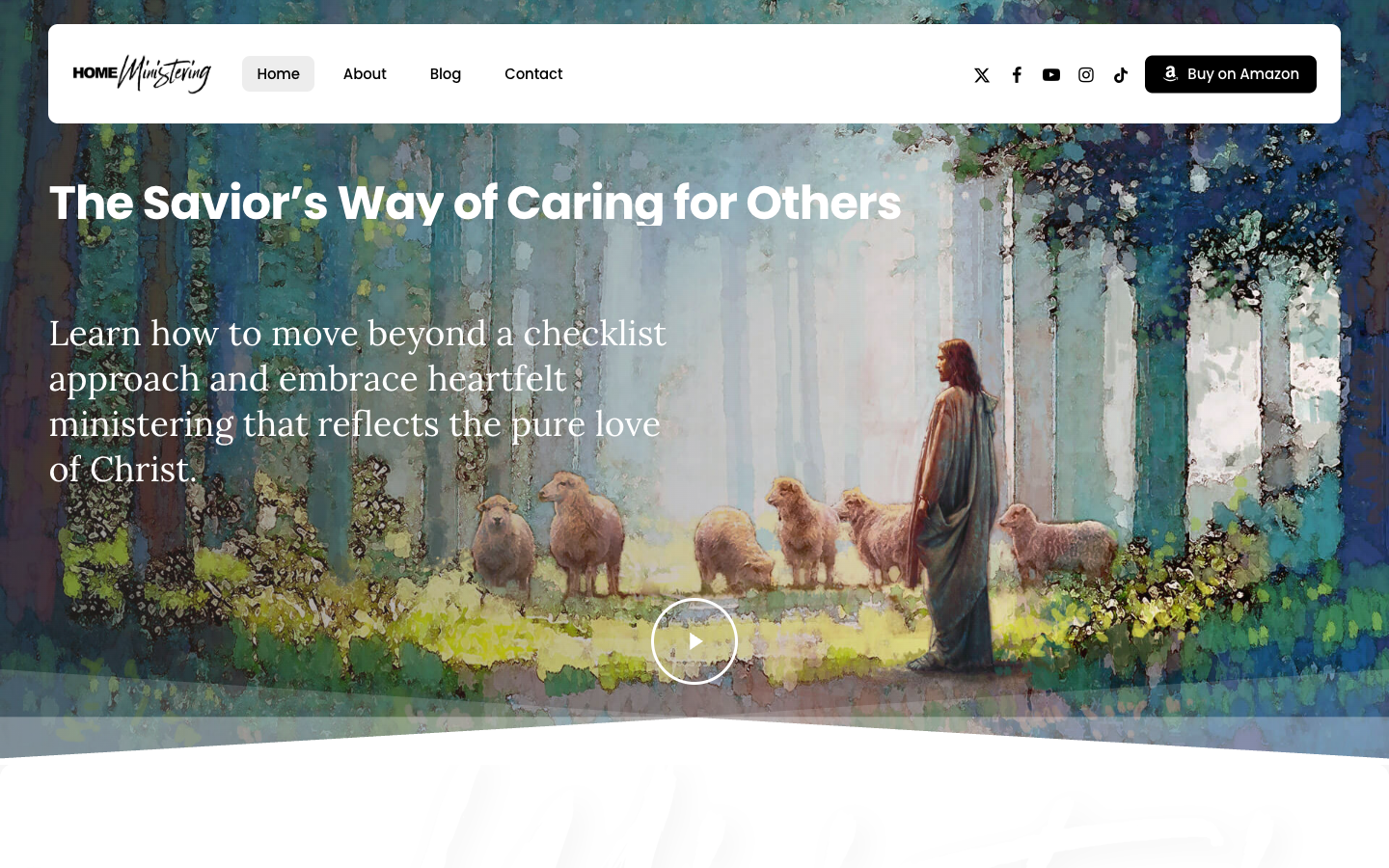 Home Ministering homepage with book intro, video, and Buy on Amazon