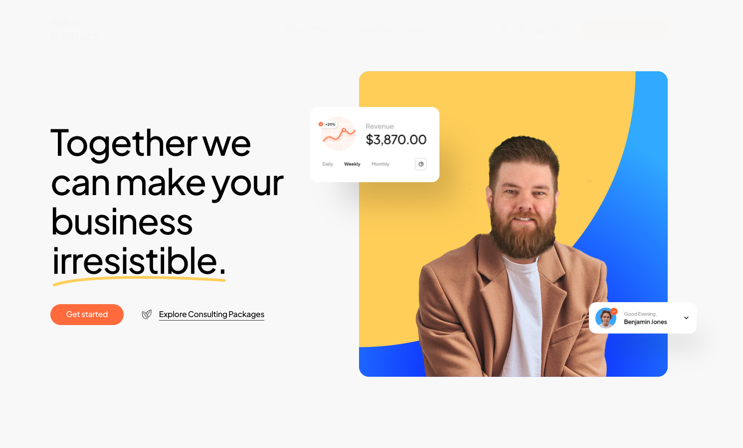 Mike Misbach consulting homepage with positioning and services