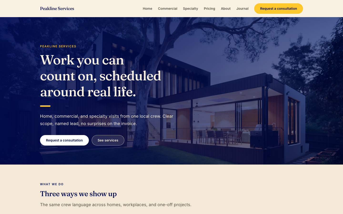 Peakline Services homepage, a live Marketing Site template