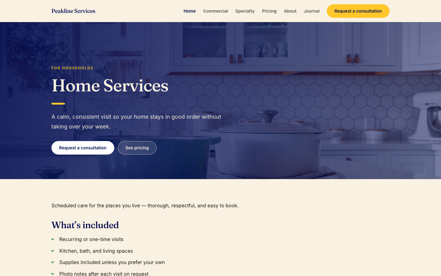 Peakline Home Services page with a kitchen photo and a list of what a visit includes