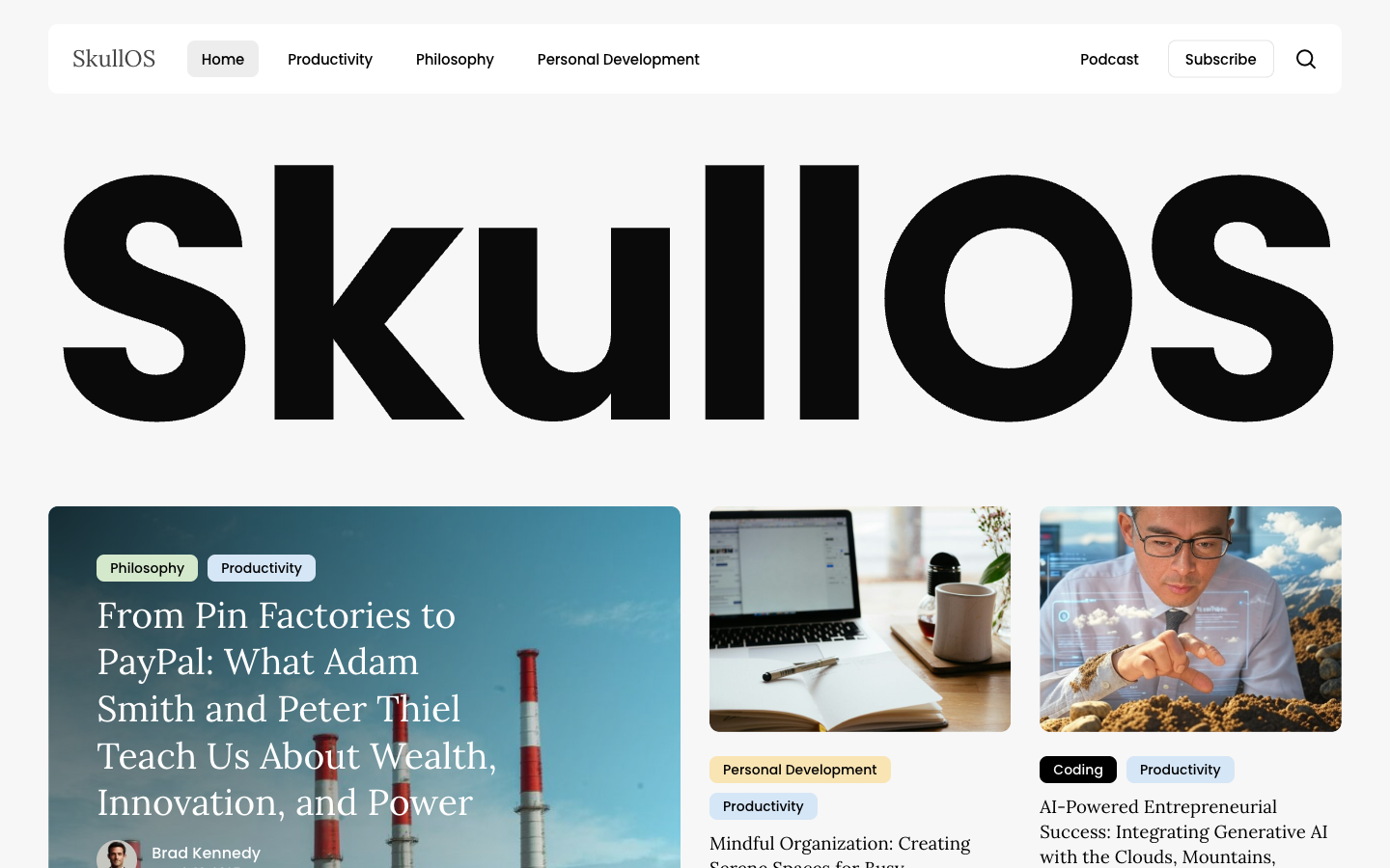 SkullOS homepage magazine layout with featured posts