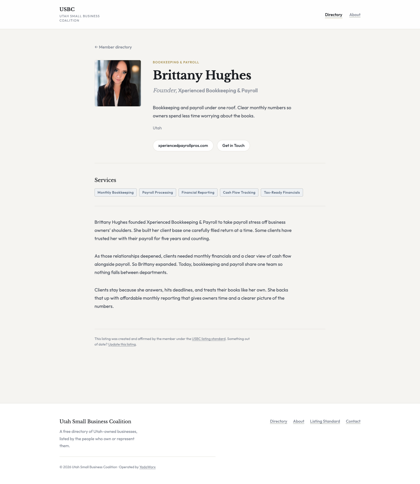 USBC member profile for Brittany Hughes / Xperienced Bookkeeping