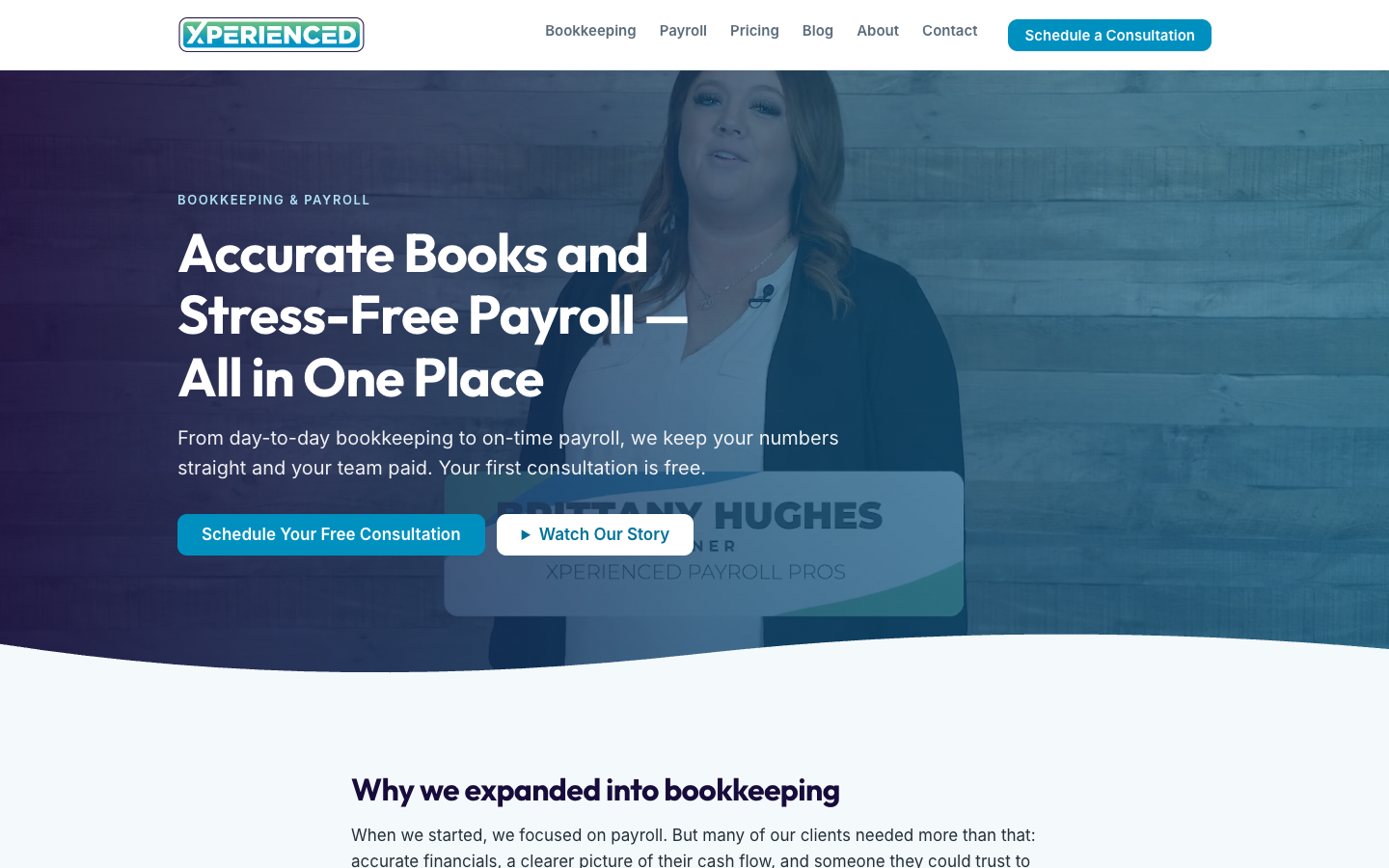 Xperienced Bookkeeping & Payroll homepage — video hero, dual services